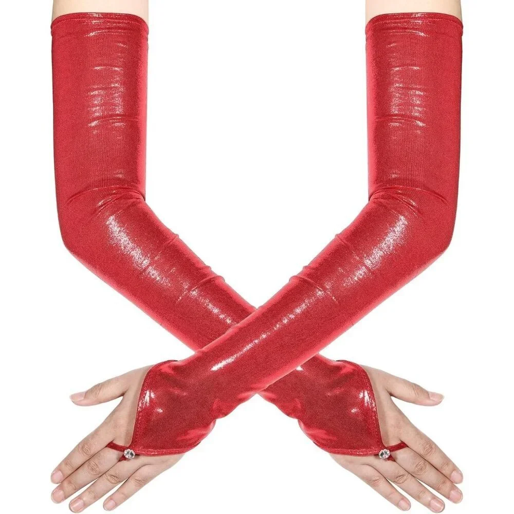 Women's Red Shiny Elastic Satin Rave Fingerless Long Gloves Party Costume